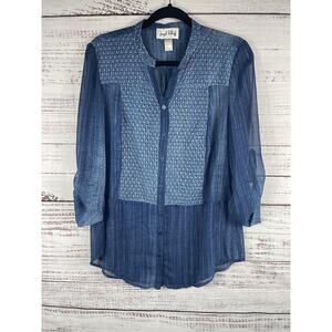 Joseph Ribkoff Blouse Women's Size 4 Blue Sheer Button Front Textured Top